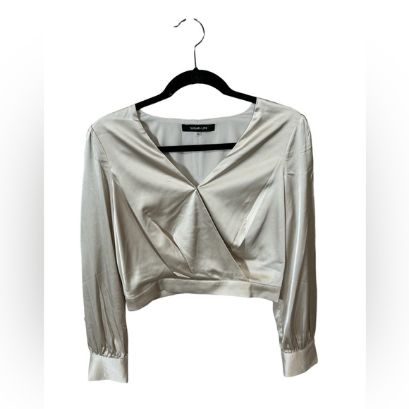 Long Sleeve Surplice Crop Top, Blouse, Size Small, Champagne, V-neck, Satin - Picture 4 of 9